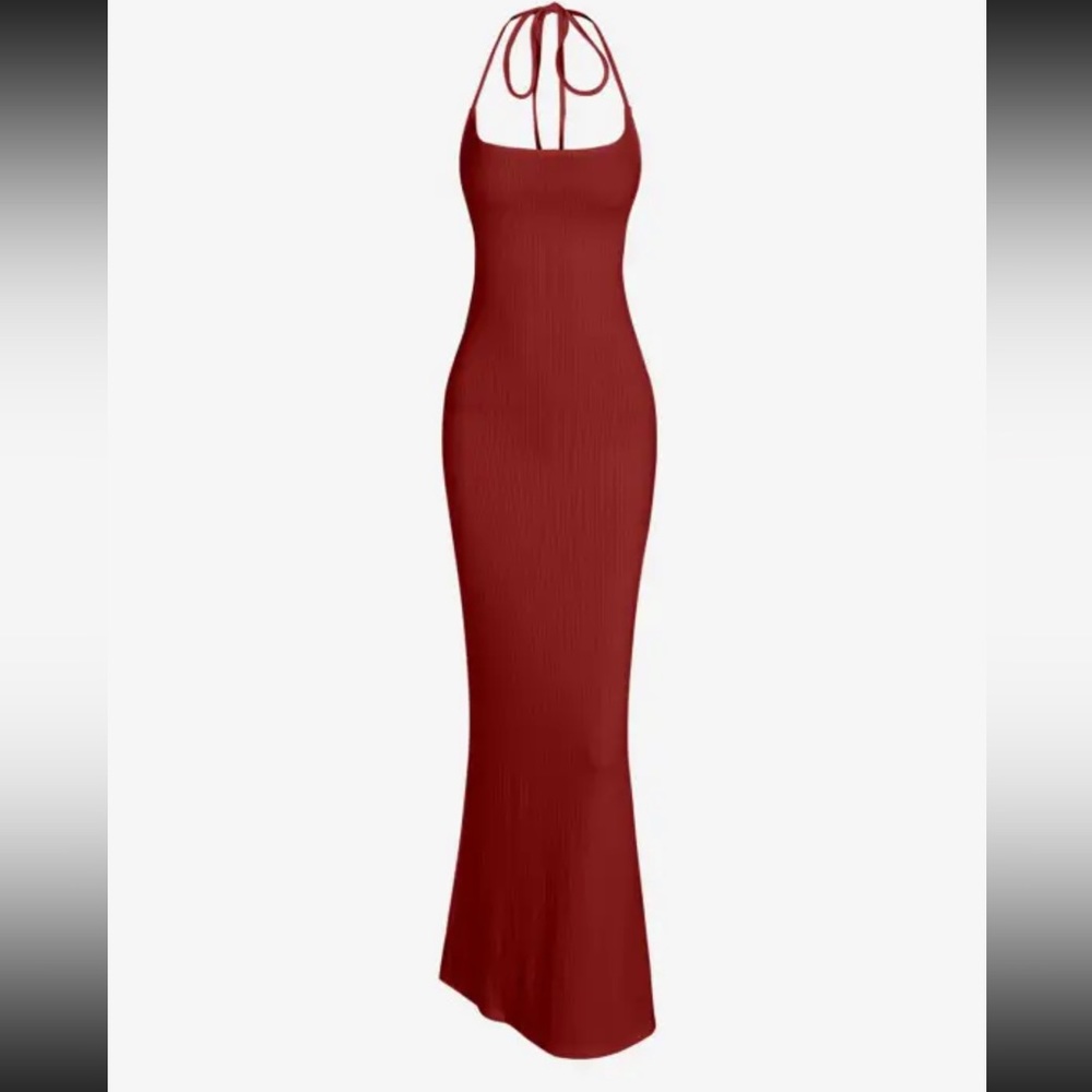 Ribbed Tie Shoulder Open Back - RED Dress